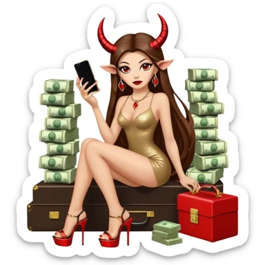 Sensual seductress long brown straight haired sexy drug lord woman with  glitter platform high heels on her feet,  and devil black horns on her head, holding a stack of cash, has a phone in other hand. Sitting on  Cases of drugs. Evil  sticker