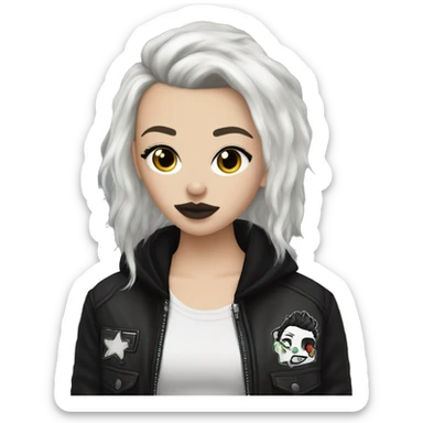 White girl, black dyed hair. She has a stretched black septum nose piercing, and wears a punk jacket sticker