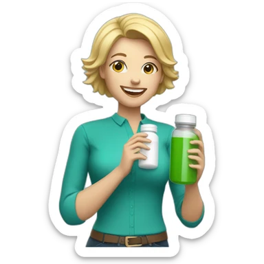 Happy blonde Mom holding pill bottle, short hair, teal shirt sticker