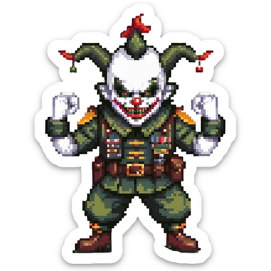 evil clown soldier, bald, short forehead horns, fangs, pointed ears, black and military green clothes, fighting stance sticker