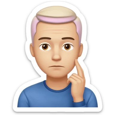 A clean-shaven man in casual clothing thinking critically, touching his chin with one hand, eyebrows slightly furrowed, focused and analytical expression. Neutral background, soft lighting, realistic emoji style. sticker