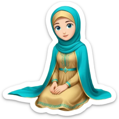 Turkish beautiful finish Konya girl blue eyes with gold hijab and islamic long tailed turquoise dress on the ground at garden and had on her hand text Eid Mubarak  sticker