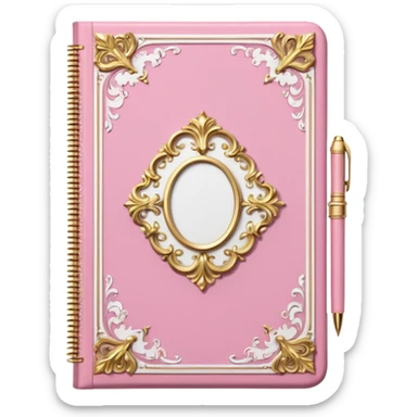 Notebook rococo style, gold and pink and white. angled view. with pen sticker