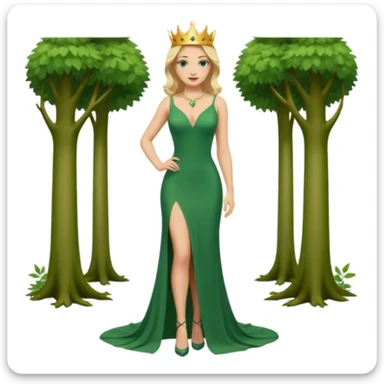 Queen, crown, blonde hair, green eyes, long green tight dress, decoltee,  Leg slit, whole Body, Background forest  sticker