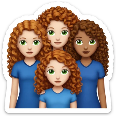 Make me 3 girls. One with medium size curly ginger hair, white skin and green eyes,  one with long curly dark brown hair with a little just a little darker skin and brown eyes,  and one with white skin and straight dark blonde hair and blue eyes  sticker
