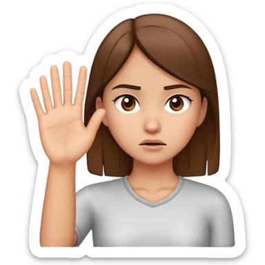 girl looking annoyed, palm raised to signal stop sticker