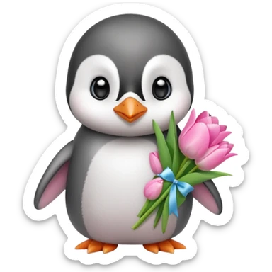Cute baby penguin holding flower bouquet wraped in white paper and all flowers tulips in pink colour sticker