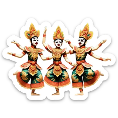 ​Cinematic Realistic Wayang Golek Ayun-ayun Dancers, depicted as intricately carved traditional wooden puppets in dynamic dance poses, adorned with vibrant painted details and expressive features, set against a softly lit stage that evokes centuries of Indonesian cultural heritage, rendered with lifelike textures and dramatic atmospheric lighting, sticker