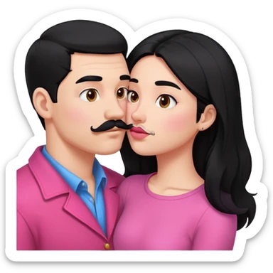 White couple kissing, boy with a mustache and black hair, the girl with long black hair in pink clothes sticker