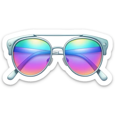 Colorful Y2K glasses with metallic frame, iridescent lenses, futuristic 2000s style sunglasses with digital vibes sticker