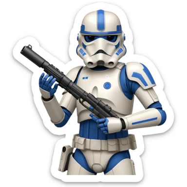 A starwars 501st clonetrooper with rally makes on the helmet holding his blaster in his left hand aiming the gun up with elbow bent so it’s not above the head sticker