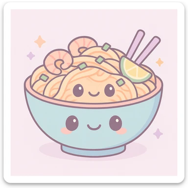 pad thai, kawaii style, cute face on noodles, bright colors, playful sticker