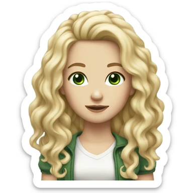 a white girl with long curly blonde hair, green eyes, skinny and with cute clothes sticker