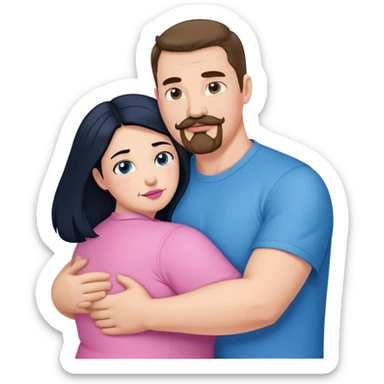 Tall strong white man with brown mustache goatee wearing blue hugging a chubby short pale woman with long black hair wearing pink sticker
