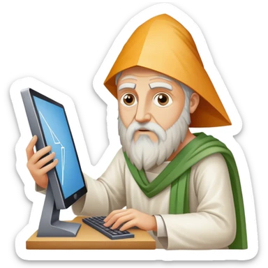 Pythagoras as a philosopher solving problems on a computer holding a triangle for the Pythagorean theorem sticker