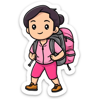 woman wearing pink clothes with hiking backpack sticker
