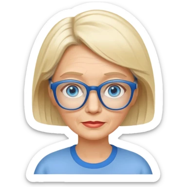 white woman about 60 years old blonde bobbed hair blue eyes glasses sticker