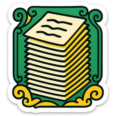 Make the stack of papers taller with a classic look. Use a green, gold, and white color scheme. Include elegant lines and decorative details, with no background. sticker