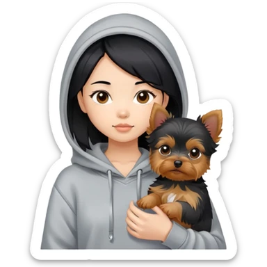 a black-haired Chinese girl in a gey hoodie with a yorkie puppy sticker