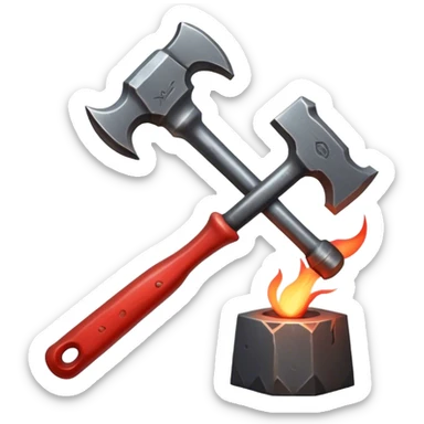 Blacksmithing icon, forged metal piece being shaped with hammer and anvil, glowing red-hot metal, blacksmith tools like tongs and chisel, sparks flying, minimalistic style, clean lines, transparent background. sticker