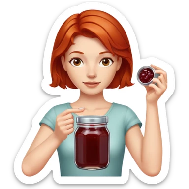 redhead woman showing a glass jar with jam at arms length, closeup sticker