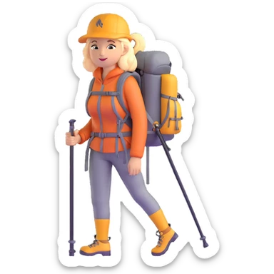woman mountain climbing, female mountaineer with backpack and hiking poles sticker