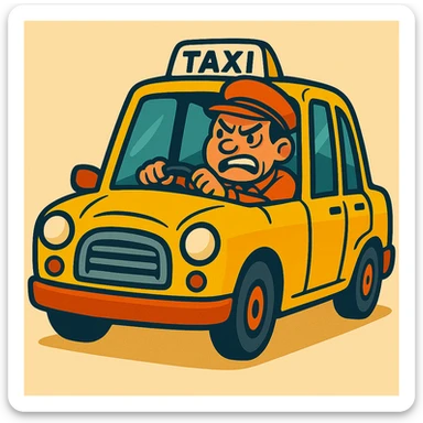 Cabbie in yellow taxi with an angry expression, vibrant cartoon style. sticker
