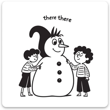 abominable snowman comforting a child, with the words 'there there', clear and expressive, suitable for YouTube sticker