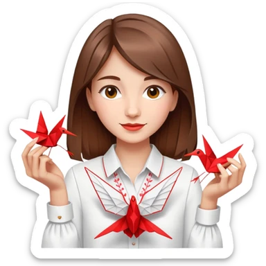 A happy Ukrainian young girl with brown hair in a white embroidered shirt makes an origami red crane craft sticker