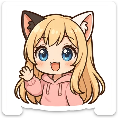 extra cute, extra chibi anime catgirl Twitch emote, one black cat ear and one white cat ear, blonde extremely long hair, blue eyes, white skin, pastel pink hoodie, waving, no background sticker