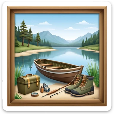 Icon for Fishing: a boat on the shore of a peaceful water body with a beautiful natural landscape, a fishing tackle box, a spinning rod, and boots nearby. The icon should capture the tranquility and gear of a fishing adventure. Transparent background. sticker