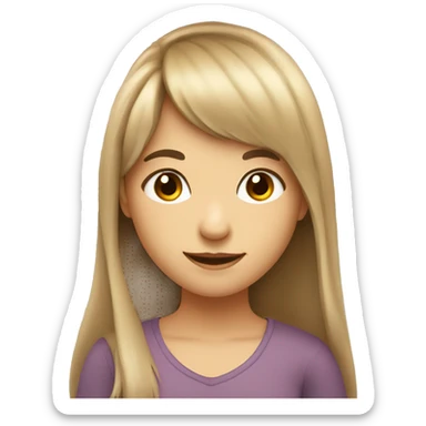 smiling girl with long hair and bangs. Full round face with big cheeks and small hazel eyes sticker