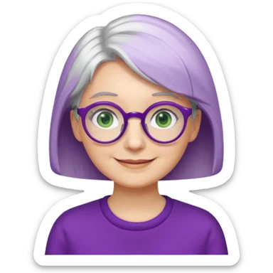 visage femme a lunettes ronde avec cheveux courts gris-blancs aux yeux verts qui souris habillé en violet sticker