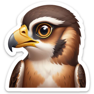 Cinematic Cute Falcon Portrait Emoji, Head tilted playfully and inquisitively, featuring a sleek, agile form with a delicately curved beak and round, sparkling eyes full of spirited charm, Simplified yet irresistibly adorable features, highly detailed, glowing with a warm, inviting glow, high shine, affectionate and lively, stylized with a touch of whimsical aerial grace, soft glowing outline, capturing the essence of a mischievous yet endearing falcon that seems as if it could dart out of the screen into your heart! sticker