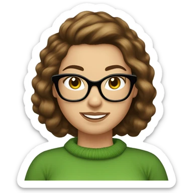 wavey brunet hair, Caucasian woman, fat, cat eye glasses, smiling, wearing a green sweater, transparent background sticker