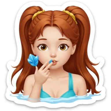 A cute ukrainian girl, with long auburn hair two side ponytails, in a bathing costume, she's blowing a kiss. sticker
