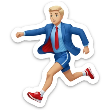 a running white man wearing a blue jacket, shorts, red sneakers, and a flowing red tie sticker