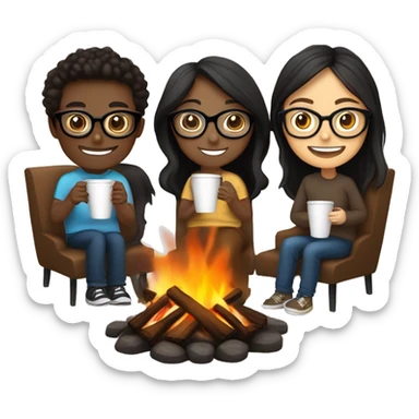 Three friends, one darker skin black hair with glasses (black framed) , one brown hair light skin  with glasses (clear frame), one dark brown hair light skin, make them all hold different kinds of coffee, sitting by the fire, smiling and talking sticker