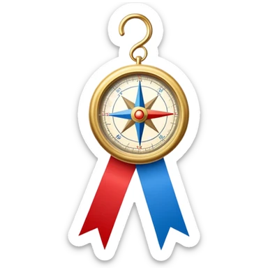 iOS compass with gold trim and blue and red direction markers hanging from a white ribbon sticker