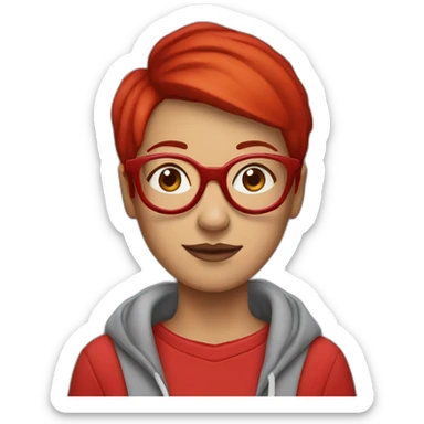 woman with red pixie cut wearing a red hoody and big red glasses sticker