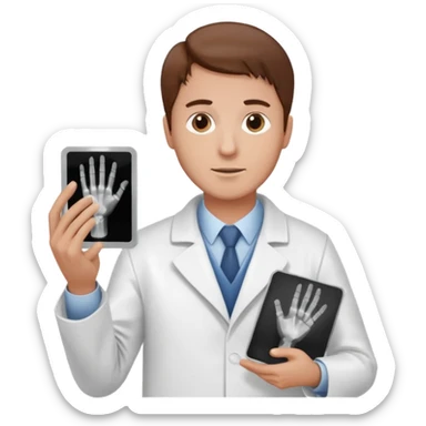 Radiografía de mano sostenida por un hombre con bata blanca  piel clara cabello café sticker