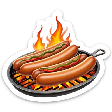 Cinematic Realistic Sausage Sizzle Dish Emoji, featuring sizzling sausages cooking over an open flame rendered with dynamic textures and warm, smoky lighting. sticker
