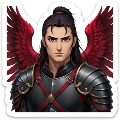 A towering Illyrian warrior with long, dark hair tied loosely at the nape of his neck, his hazel eyes flickering with battle-hardened resolve and mischief. His powerful frame is clad in black leather armor with deep crimson accents, fitted perfectly to his broad shoulders. His massive Illyrian wings stretch behind him, their leathery surface marked by scars of countless battles. A wicked grin plays on his lips, revealing the roguish charm beneath the warrior's exterior. sticker