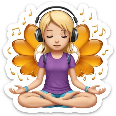 A girl is sitting cross-legged in a meditation pose, wearing headphones and listening to music. The song is so good that honey is dripping from her ears, and her expression is completely dazed because she’s enjoying the music so much. sticker