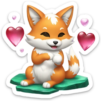A Kitsune playing with 3 hearts. One Malachite, One Amethyst and One Pearl sticker
