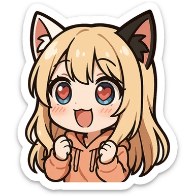 chibi anime catgirl with one white cat ear and one black cat ear, longer blonde hair, blue eyes, white skin, peach colored hoodie, cute, heart eyes expression, twitch emote style, no background sticker