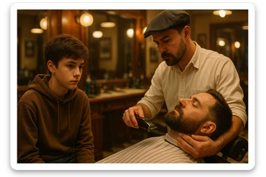 sartaroshxonada ishlayotgan o'smirin bola usta soch olayotganini kuzatib turibdi sticker