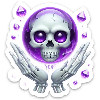 A Discord emoji of a floating, cracked purple crystal orb held by skeletal fingers. Void magic theme, vibrant glow, sharp detail, white background. sticker