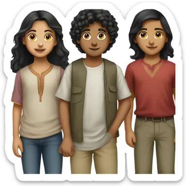3 middle eastern children standing together. give them black hair and olive skin. Make them around 13 years old sticker