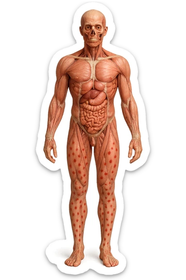 corpo umano anatomico a figura intera con red spot sparsi sulle gambe, iperrealistica in 3d sticker